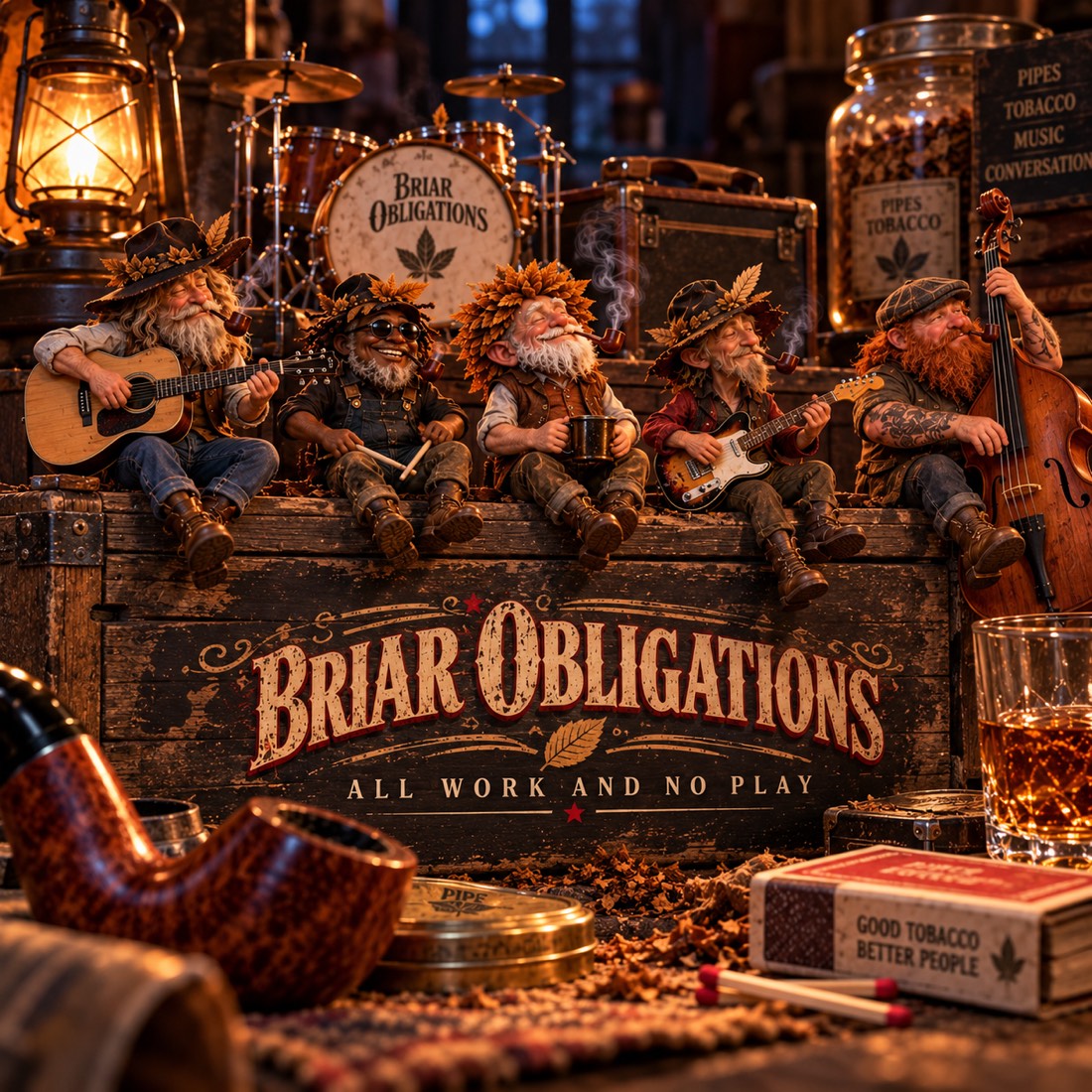 Briar Obligations, All Work and No Play album cover: five tobacco gnomes playing on a wooden crate