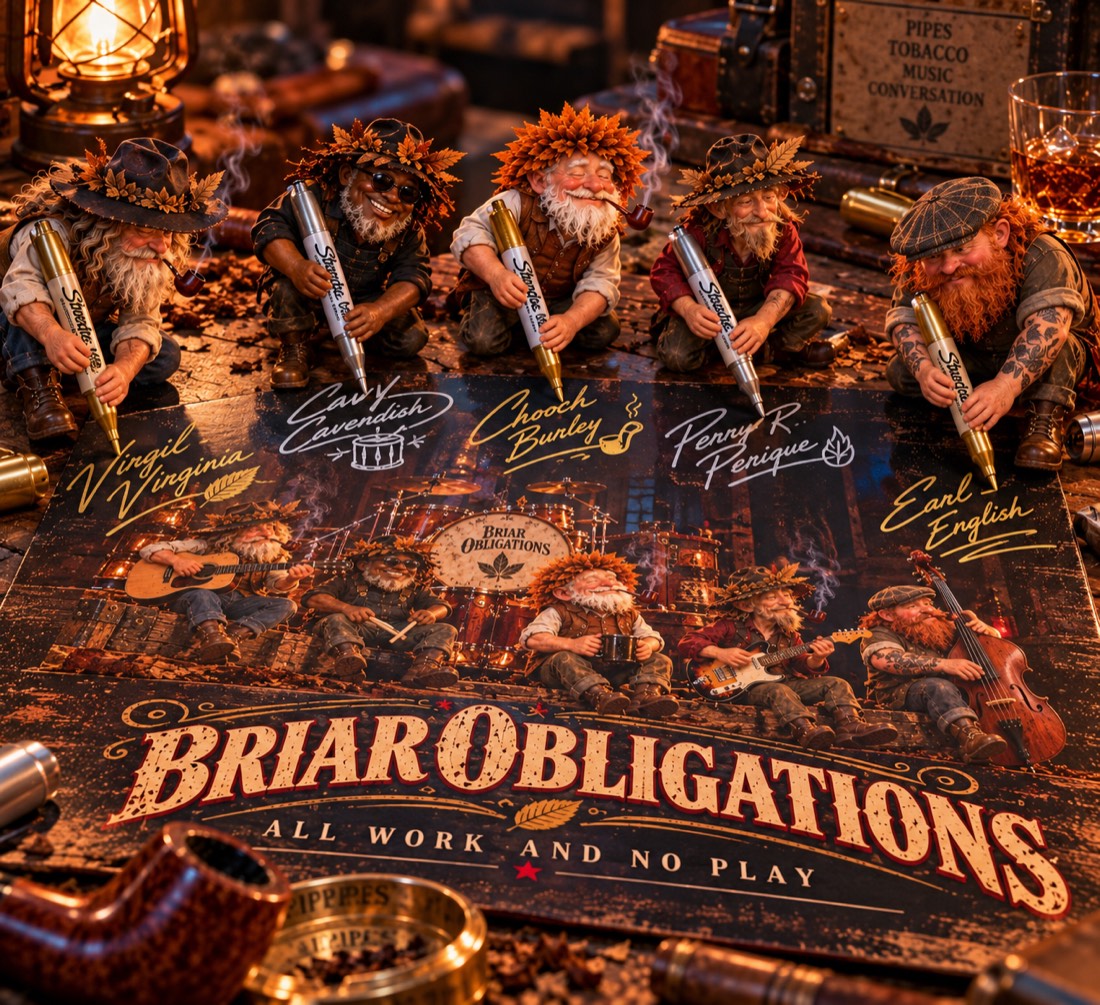 The five gnomes signing the Briar Obligations album poster with gold pens