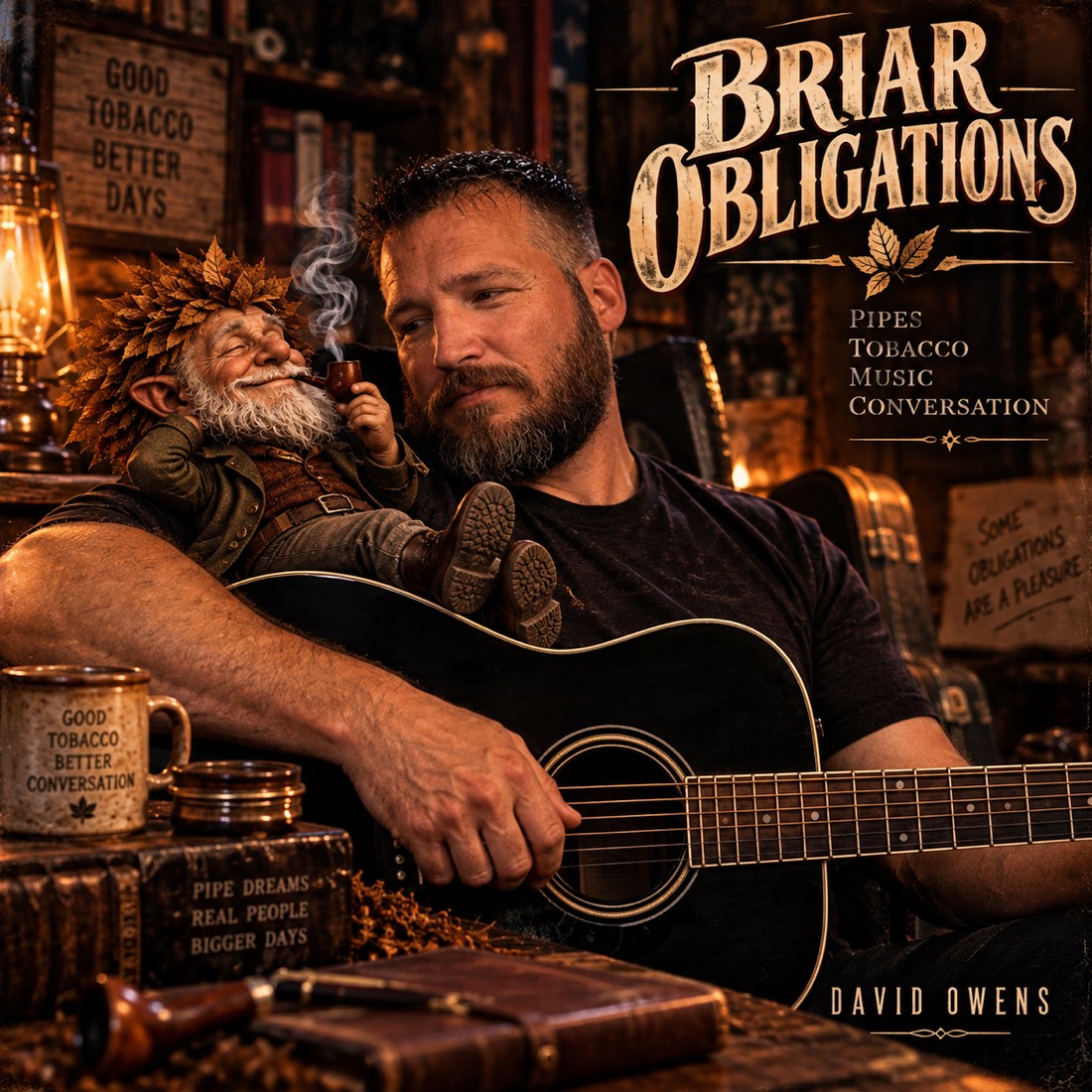 David Owens with his acoustic guitar and Chooch Burley lounging on his shoulder, smoking a pipe
